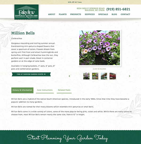 Screenshot of a sample Fairview Garden Center product page