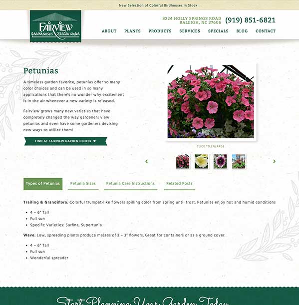 Screenshot of a sample Fairview Garden Center product page