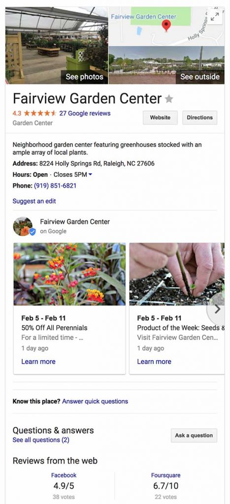 Screenshot of the Fairview Garden Center's Google My Business page