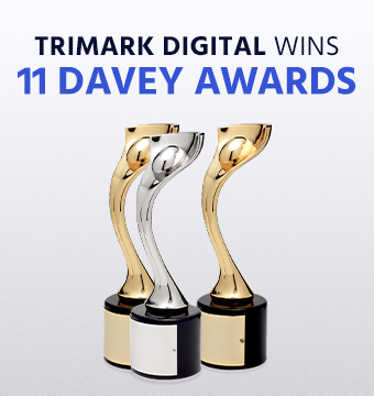 Picture of Davey Awards trophies with TriMark logo