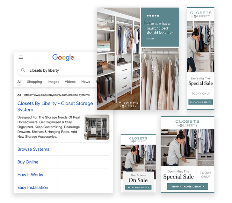 Collage of Google, social ad examples and display