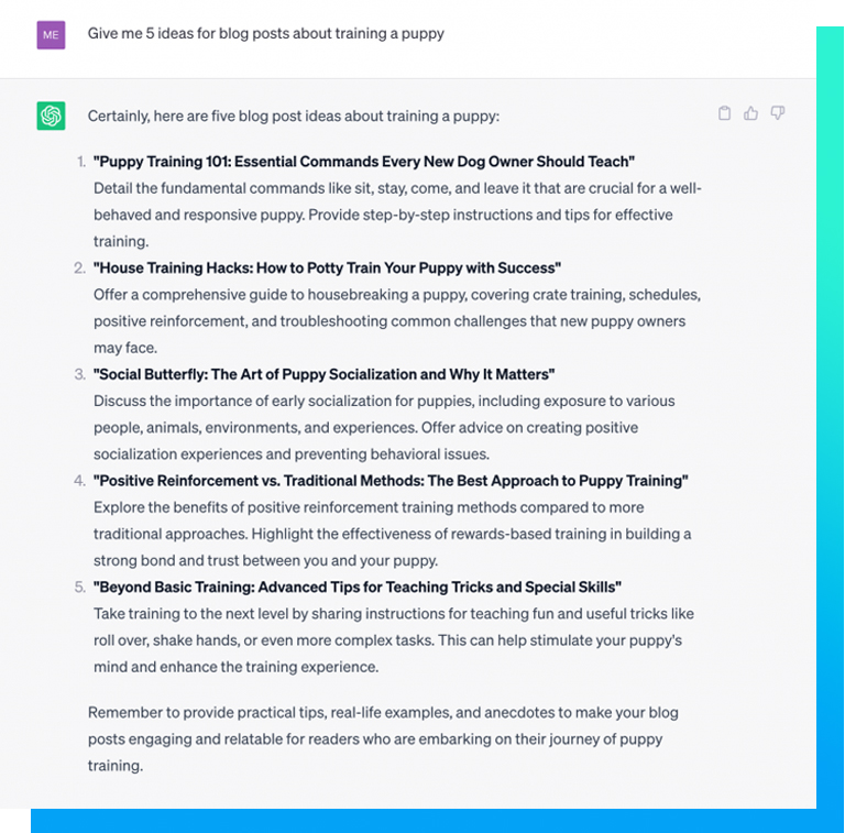 Image of screenshot of ChatGPT generating ideas about blogs