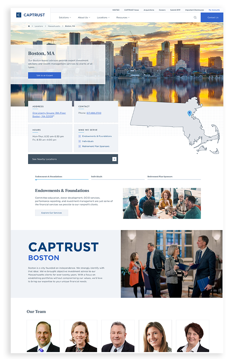 Boston specific location page design for CAPTRUST