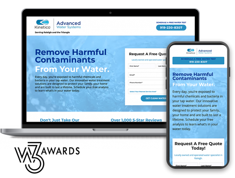 Photo of landing page on desktop and moble phone with W3 awards