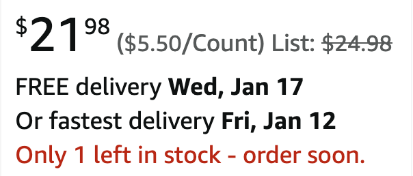 "Only 1 left in stock - order soon." copy under the pricing info of a product. 