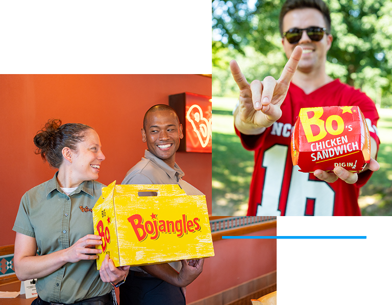 Image collage of Bojangles employees and college student holding up a chicken sandwich