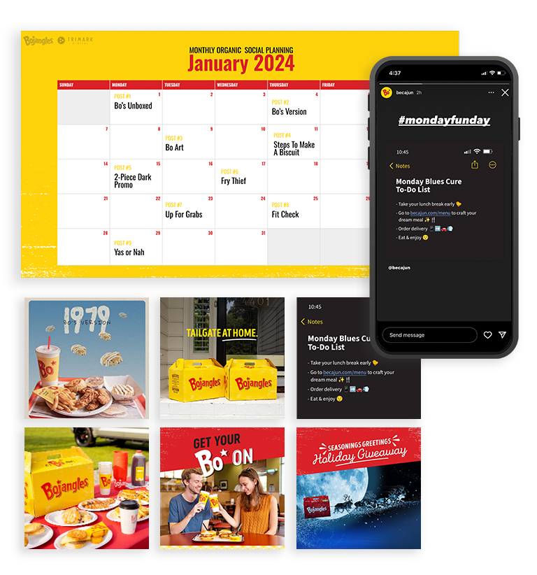 Image of content calendar and social post examples from Bojangles