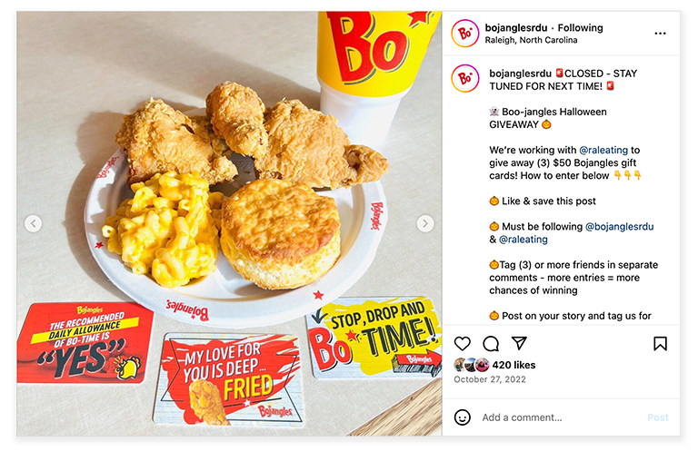 Screenshot of Bojangles post with gift cards and influencer partnership