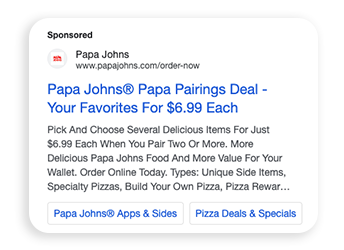 Papa Johns paid search example ad