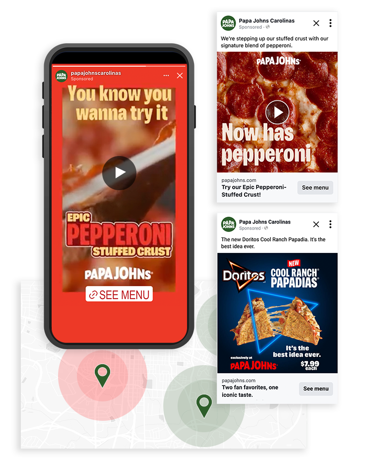 Ad examples for Papa Johns with map of targetting