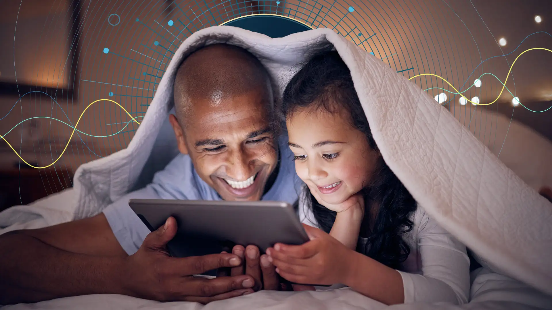 Dad and daughter around an iPad with internet graphic surrounding them
