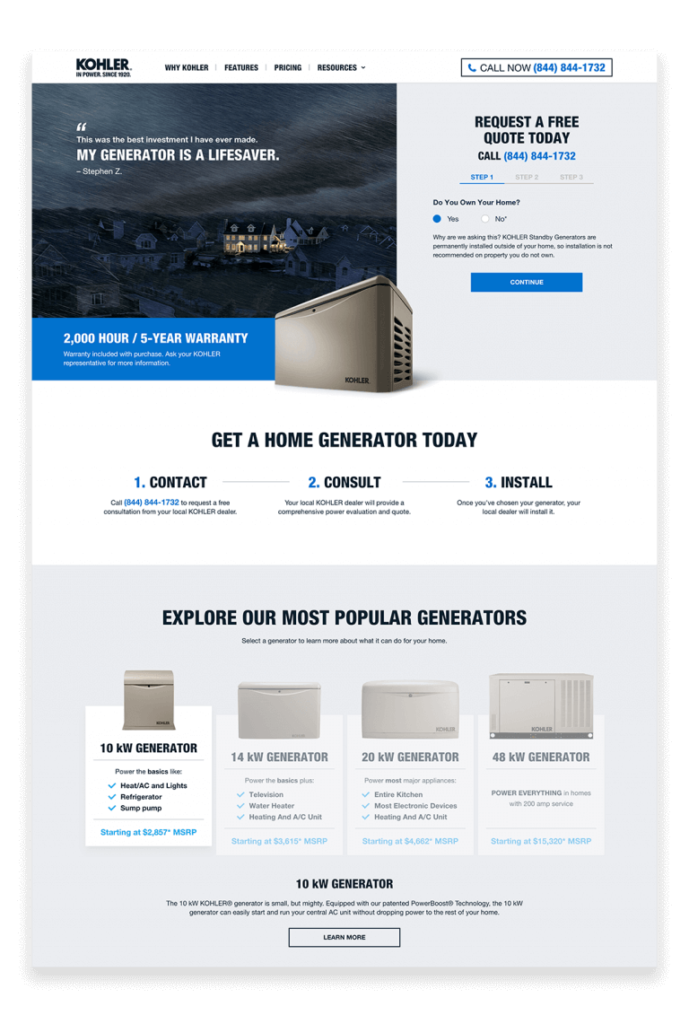Landing page screenshot for Kohler Power
