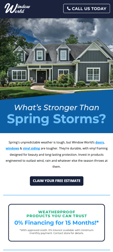 Screenshot of an email from Window World. It shows the exterior of a house and content about the durability of their windows against spring storms.