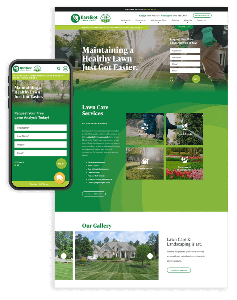 Full website of Barefoot Lawn Care mockup with phone