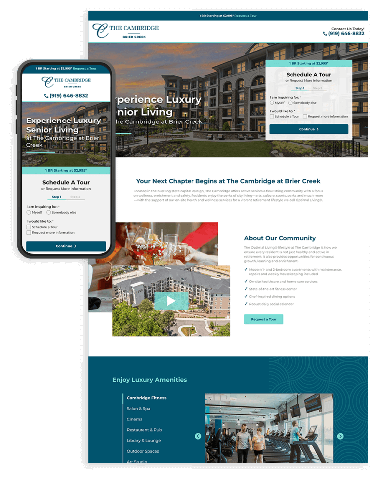 Landing page mockup and mobile experience of Cambridge Living LP