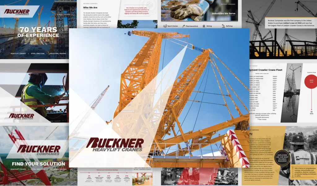 Print collage of branding book for Buckner