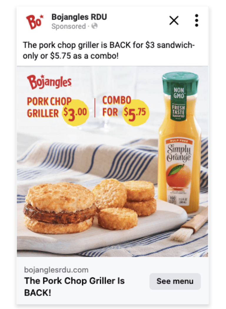 Paid social Bojangles ad mockup