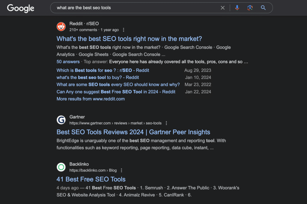 Google search engine results page for the query "What are the best SEO tools"