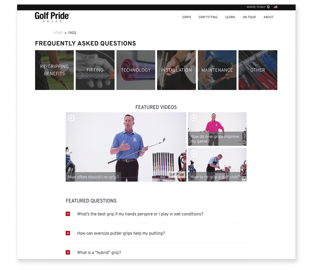 Screenshot of website of Golf Pride
