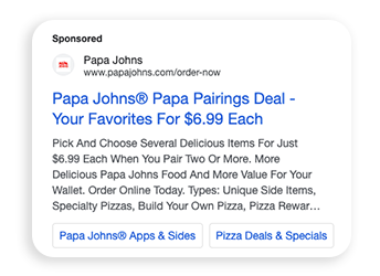 Paid search ad example for Papa Johns