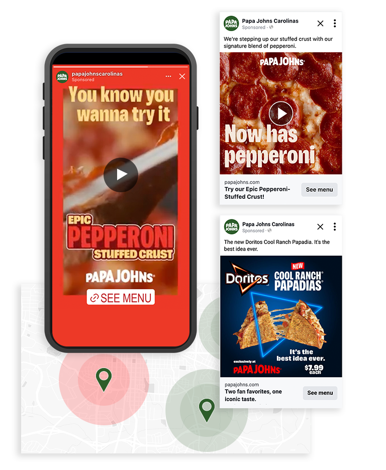 Different ads for Papa Johns overlaid a targeting map