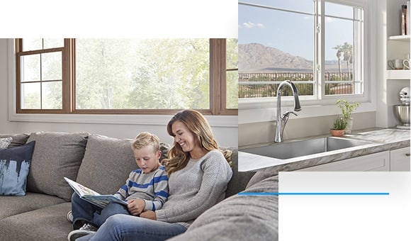 Women sitting with son in front of window