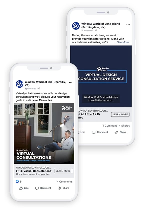Phone mockups of social ads for Window World