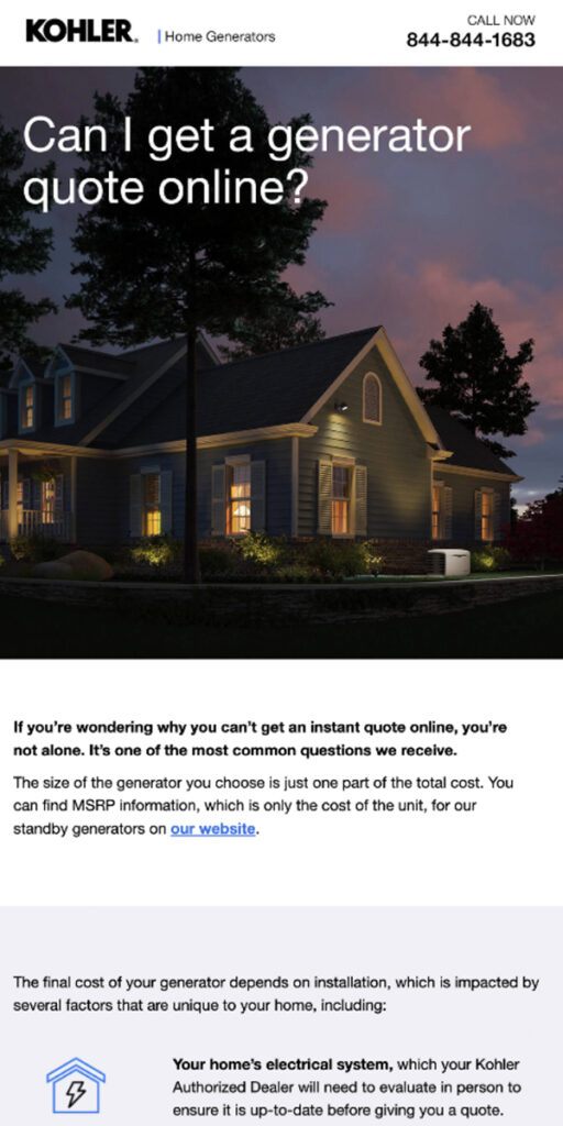 Kohler Power Email Preview: No Online Generator Quote