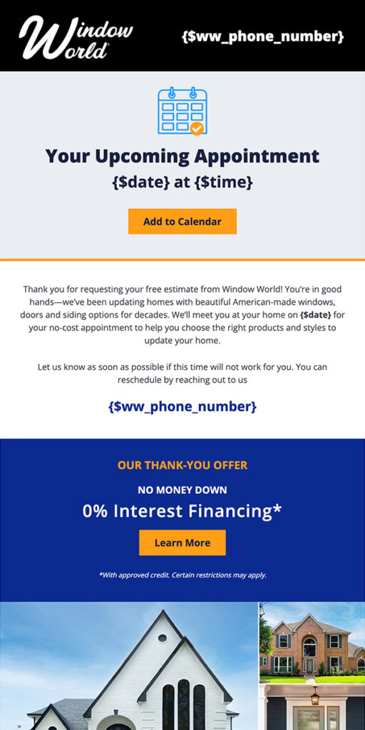 Window World Email Preview: Appointment Set